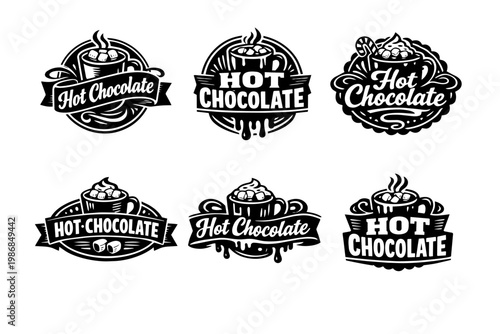 Hot chocolate labels set, vintage cocoa drink badges with marshmallows and creamy toppings, warm beverage emblems