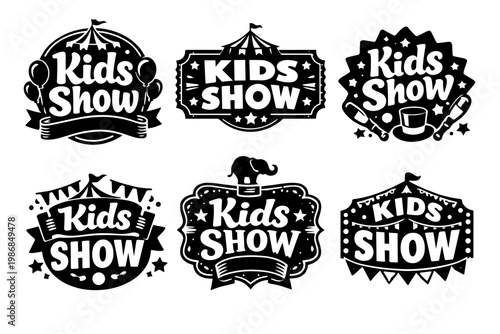 Kids show labels and badges set for entertainment, circus, festival, or carnival events, featuring playful design elements