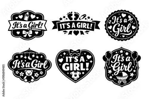 Baby girl gender announcement badges and labels, decorating baby showers, and celebrating new arrivals