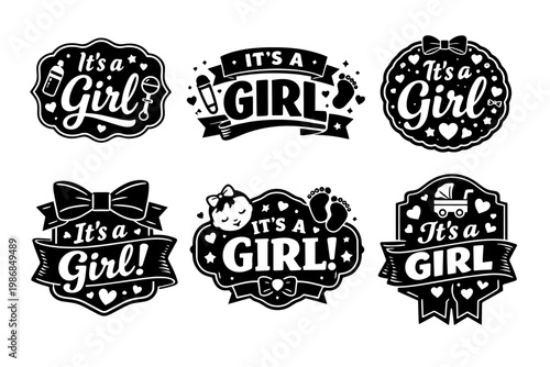 It's a girl baby shower gender reveal announcement labels set with cute elements and decorative frames