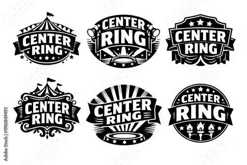 Center ring circus entertainment logos set featuring tent, stage, megaphone, stars, and torches design elements
