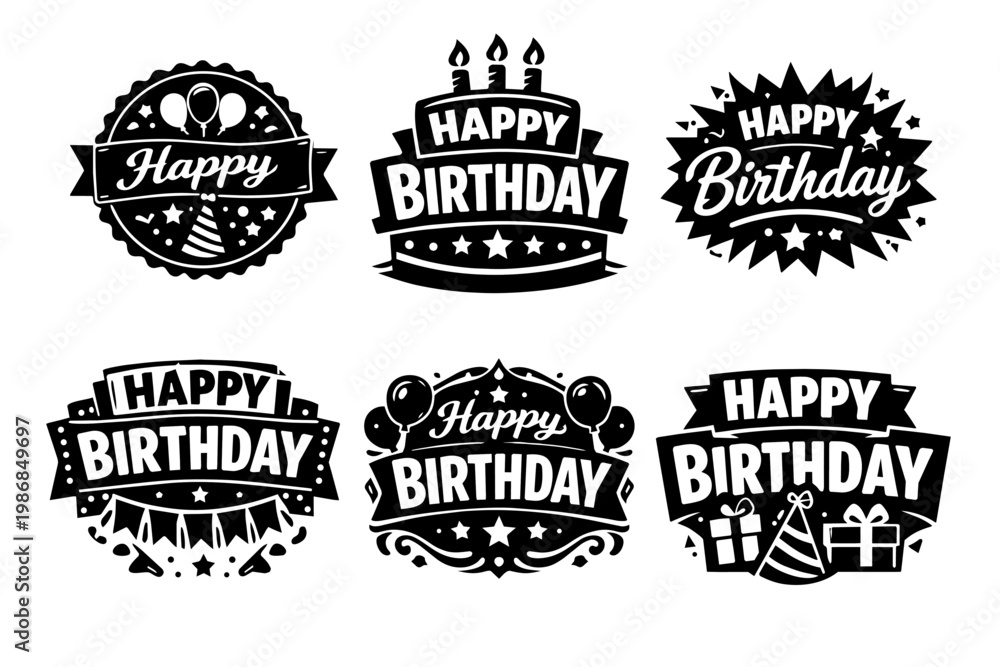 Fototapeta premium Happy birthday badges and emblems, black silhouettes depicting celebratory party elements for greeting cards and event invitations