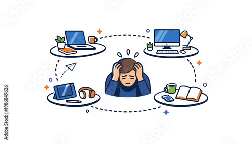 Overwhelmed businessman surrounded by multiple computer screens and devices