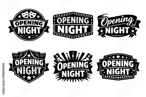 Opening night emblems celebrating theater, cinema, premiere events, and showtime with retro spotlight and mask designs
