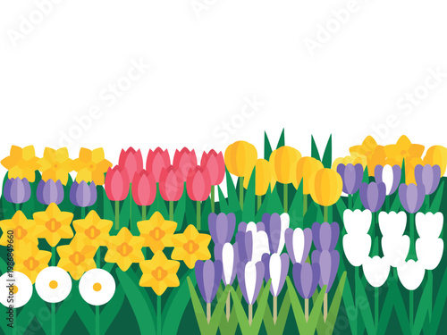 A vibrant and colorful illustration of a flower garden with various blooms