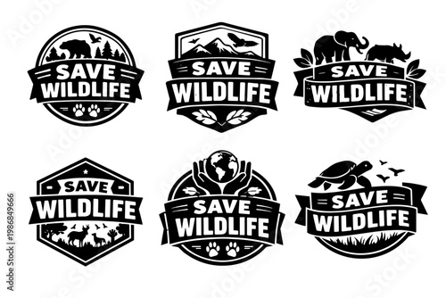 Save wildlife badges and logos set representing global animal protection, nature conservation, and endangered species