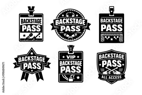 Backstage pass access labels and badges icons set for music concerts, rock festivals, or vip events