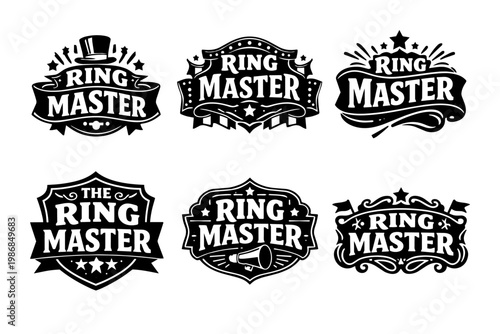 Ring master emblem collection presenting vintage circus showman badges and entertainment typography designs