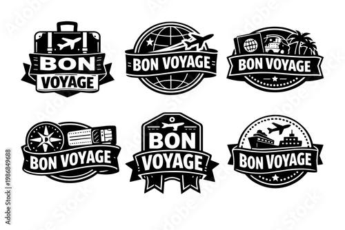 Travel emblems set featuring journey concepts, exploring world destinations, vacation adventures, and transportation modes