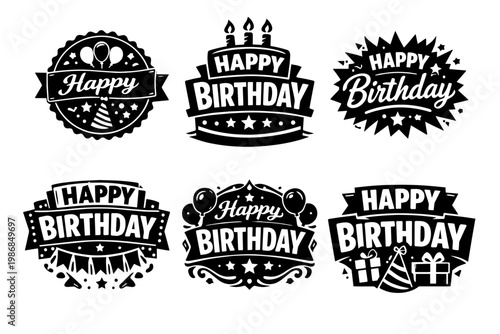 Happy birthday badges and emblems, black silhouettes depicting celebratory party elements for greeting cards and event invitations