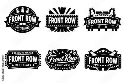 Set of front row labels and icons, symbolizing exclusive access, reserved seats, and prime view for entertainment