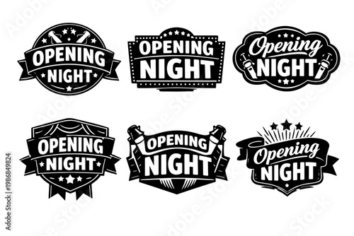 Opening night emblems celebrating theater premiere, stage debut, event, entertainment, and show production in various design styles