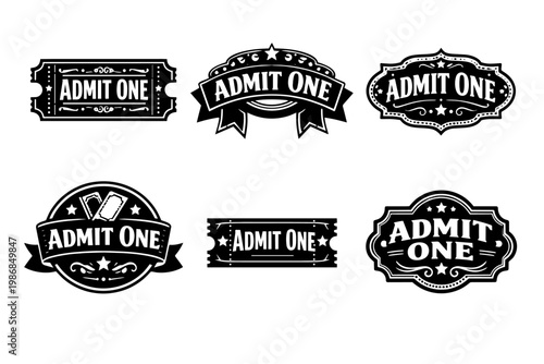 Admit one ticket icons and vintage badges set for event pass, cinema entrance, fair and show admission