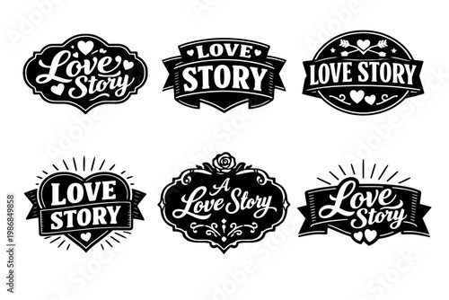 Vector collection of six vintage-style love story emblems and badges perfect for wedding invitations and romantic designs