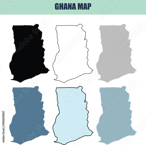 Ghana map outlines in various styles and colors for geographic representation