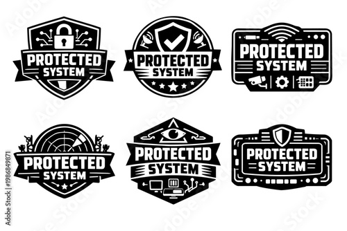 Collection of security logos featuring protected system badges with cyber safety, network privacy, and data protection icons