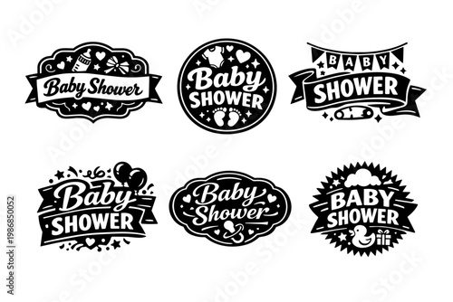 Creating baby shower invitation labels, badges, and stickers with various cute new baby related elements