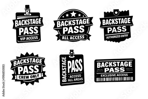 Backstage pass collection offering vip, all access, authorized entry, crew only, and exclusive access for events