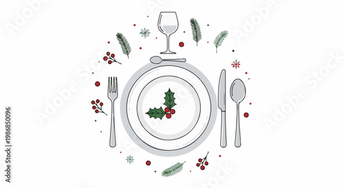Festive holiday place setting with holly, berries, and pine sprigs