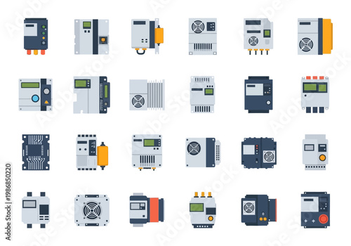 Industrial control panels and machinery components are displayed in a grid.