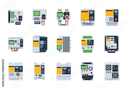 A collection of various industrial control panels and electronic devices on display