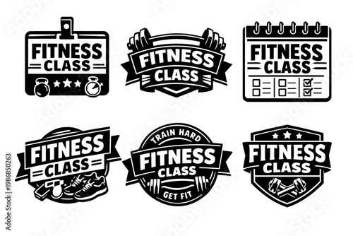 Fitness class labels set, emblem collection for gym, training, and workout programs, demonstrating healthy lifestyle and sport