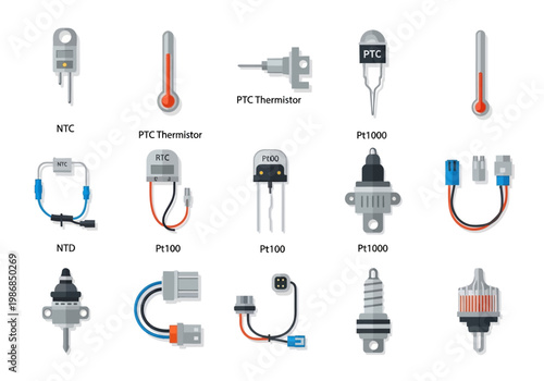 Various electronic components and thermistors are arranged on a table indoors.