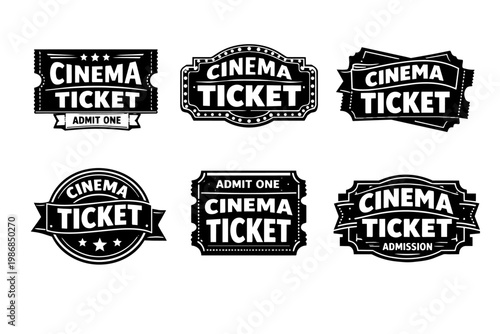 Cinema ticket vector badges and labels depicting retro movie admission for film festivals, entertainment events, and theater shows