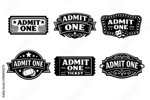 Vintage admit one ticket emblems and badges set, a collection of retro entry pass designs for events and entertainment