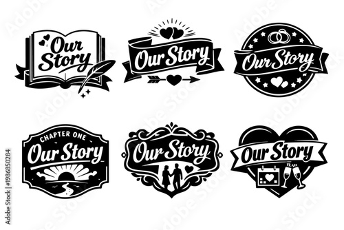 Our story vector badge collection featuring various designs with romantic elements like hearts, rings, couples, and books