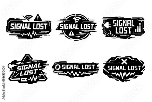 Signal lost error messages and warnings in futuristic glitch style, indicating connection problems and lost data