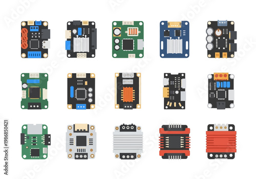 Various electronic circuit boards are displayed on a table for inspection and comparison purposes.