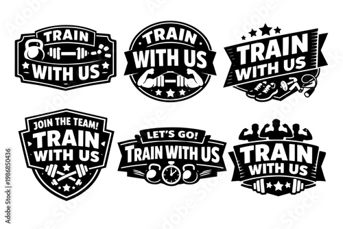 Set of vector fitness badges and emblems for gym and workout promotions, encouraging participation with various exercise equipment