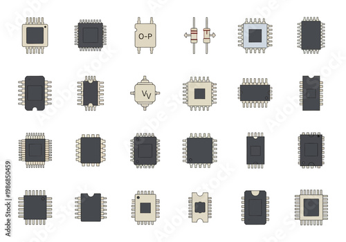 A collection of various microchips and electronic components are arranged in rows on a surface.