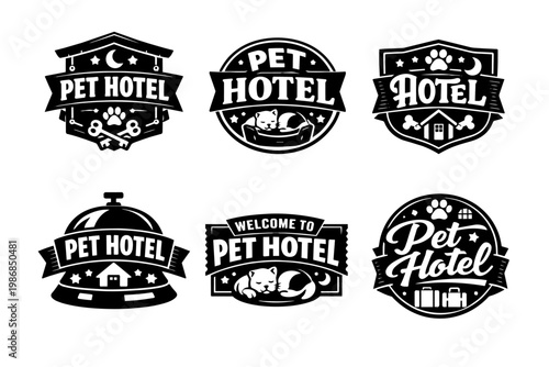 Pet hotel logo set featuring elegant monochrome badges with sleeping pets, paws, keys, and houses for animal care brands