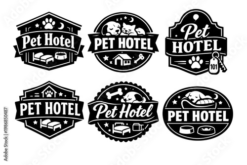 Set of pet hotel badges, emblems, and label designs for animal boarding, grooming, and care businesses