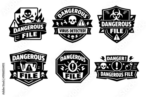 Dangerous file labels set illustrating cyber security threats, virus detected warnings, and data breach risks