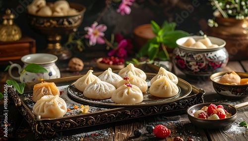 Dumplings and garnishes artistically arranged on a decorative serving platter and wooden tabletop in diffused lighting