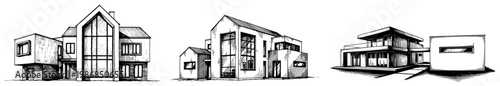 Modern residential houses with gabled roofs and contemporary design in architectural sketch style