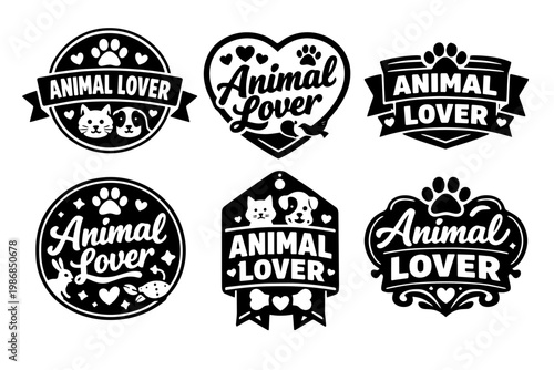 Animal lover badges collection featuring cat, dog, paw print, heart, and pet care symbols for graphic designs