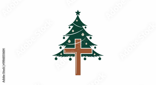 Festive green Christmas tree with brown cross and ornaments