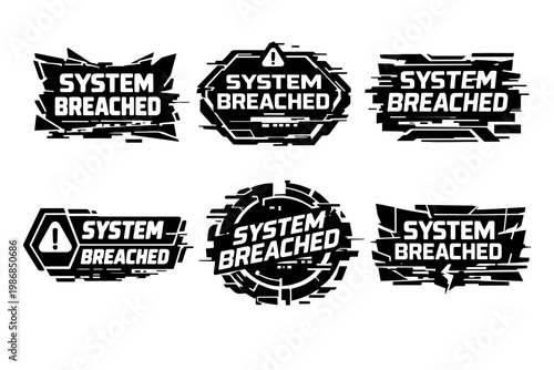 Breached system labels with glitch effect showing data security risk and cyber attack warning concept