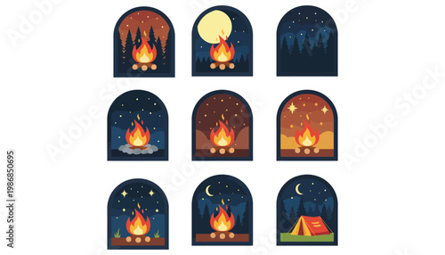 A campfire icon set with various nighttime scenes and colorful illustrations