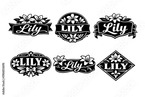 Lily flower emblem collection representing nature, elegance and growth, vintage botanical decorative insignia