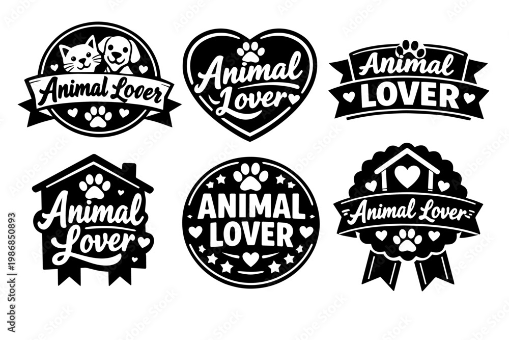 Fototapeta premium Set of badges, labels, and logos with animal lover text, featuring paws, hearts, and pet silhouettes for animal welfare