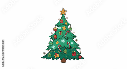 Festive decorated evergreen tree with ornaments, gifts, candy canes, and stars