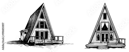 Wooden A-frame cabin with front deck and triangular structure in architectural sketch style
