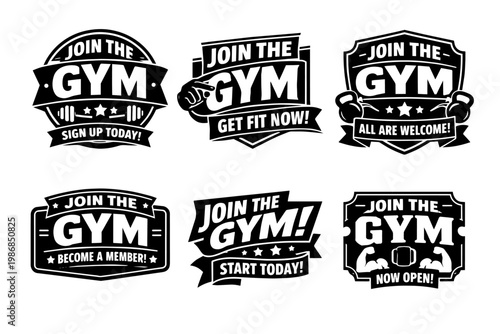 Join the gym fitness badges collection, monochrome icons for health, training, and workout membership promotions