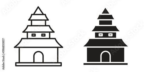Buddhist temple icon design. Editable outlined stroke and solid symbols