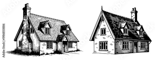 Traditional cottage house with stone walls and gabled roof in architectural sketch style